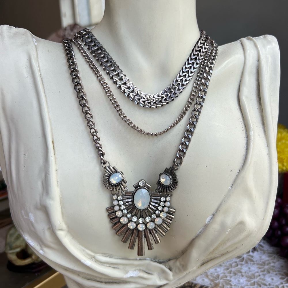 Silvertone Statement Necklace With Opalescent Acc… - image 1